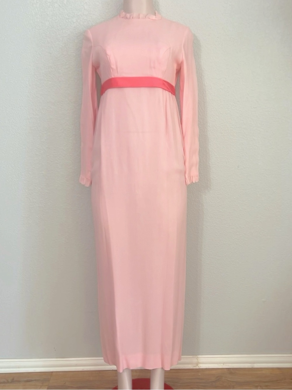 Vintage 1960s Pink Silk Chiffon Empire Waist Maxi Dress Shantung Lining SZ S - Picture 3 of 11